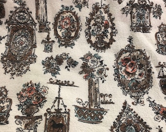 Vintage 1950s Barkcloth Curtain Panel: Storybook Floral Pleated Drape