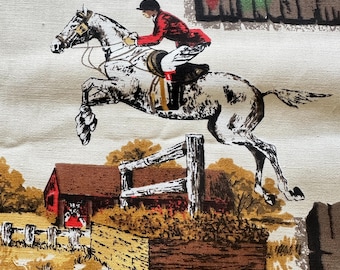 Vintage 1960s Equestrian Fabric: Horse & Rider Print Cotton Canvas