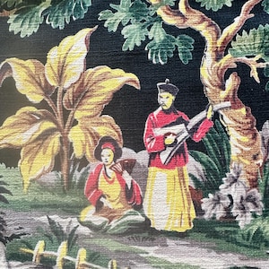 Vintage 1940s Chinoiserie Barkcloth Curtain Panel: Musician & Pagoda