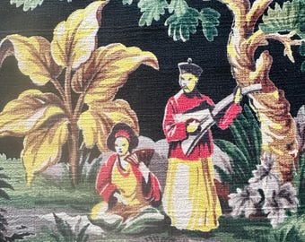 Vintage 1940s Chinoiserie Barkcloth Curtain Panel: Musician & Pagoda