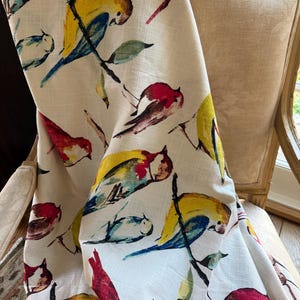 Colorful Bird Linen Fabric Painterly Botanical 55” Wide Multicolor Drapery Upholstery BTY