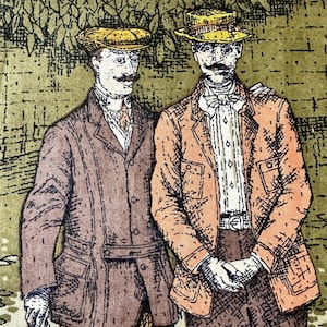 Könnte beinhalten: Vintage Illustration von zwei Männern in historischer Kleidung, mit Hüten und Jacken. Das Bild hat einen Sepia-Ton mit einem grünen Hintergrund, der ein historisches oder künstlerisches Thema suggeriert. Die Männer haben Schnurrbärte und tragen Anzüge.