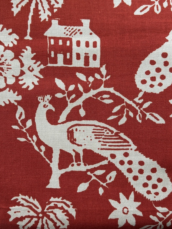 Vintage Cohama Sturbridge Peacock Colonial Fabric Red Cream 52