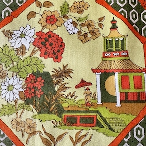 Vintage 1970s Chinoiserie Cotton Upholstery Fabric - Cohama Pavillion