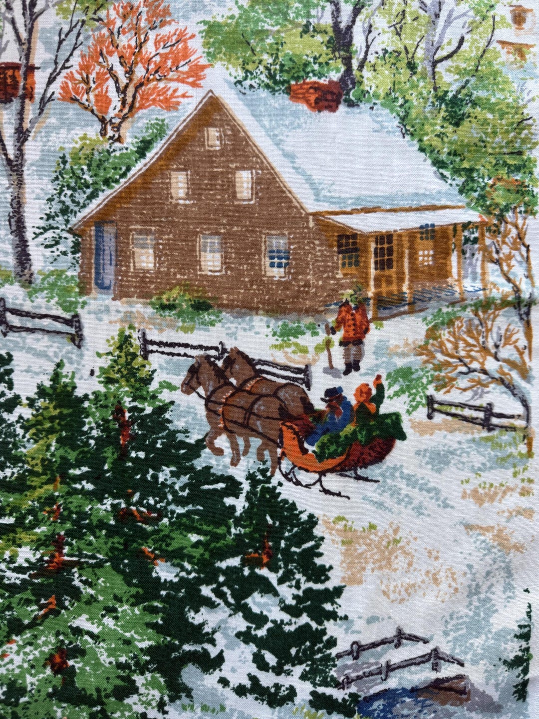 Vintage Mid-century Folk Art Winter Village Fabric Panel – Screen