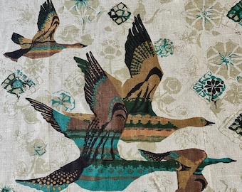 Vintage 1950s Geese Linen Fabric Sample - Mid Century Modern Textile Art
