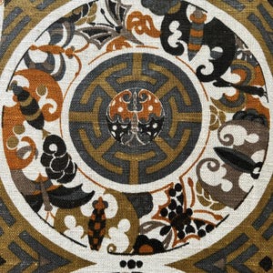 Op de afbeelding: Cirkelvormig textielontwerp met een herhalend patroon van gestileerde bloemen en geometrische vormen in bruin, zwart, grijs en wit. Het ontwerp bevat een centraal medaillon met een complex patroon en een rand van herhalende vormen.