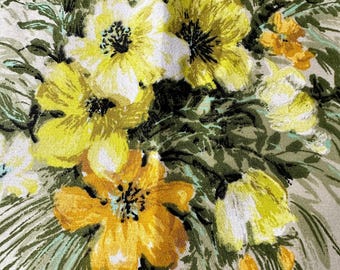 Panneau de rideau floral vintage des années 1970 : Flower Power jaune, plis sur le dessus