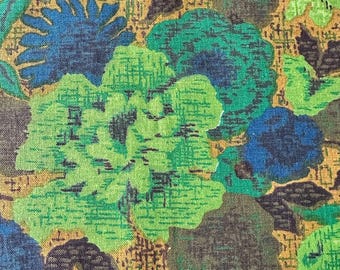 1960er Jahre Blumen Leinen-Baumwollstoff: Blau, Grün, Braun - 145 cm breit