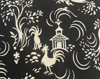 Vintage 1940s Rooster Cotton Quilting Fabric: Black and White Graphic