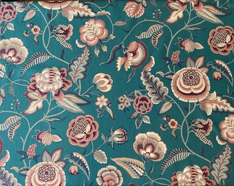 Tela de lino floral vintage de Jay Yang: estilo indio de los años 90, tapicería verde azulado