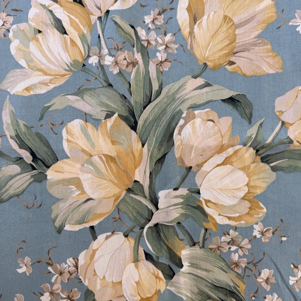 Vintage Waverly Garden Lane-tyg BTY, blågul tulpanblommig, romantiskt stugdekorationstyg, engelsk trädgårdschintzstil, 135 cm bred