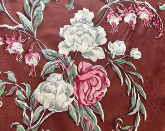 Antique Floral Chintz Fabric: 1910s Hand-Printed Cotton-Linen Blend