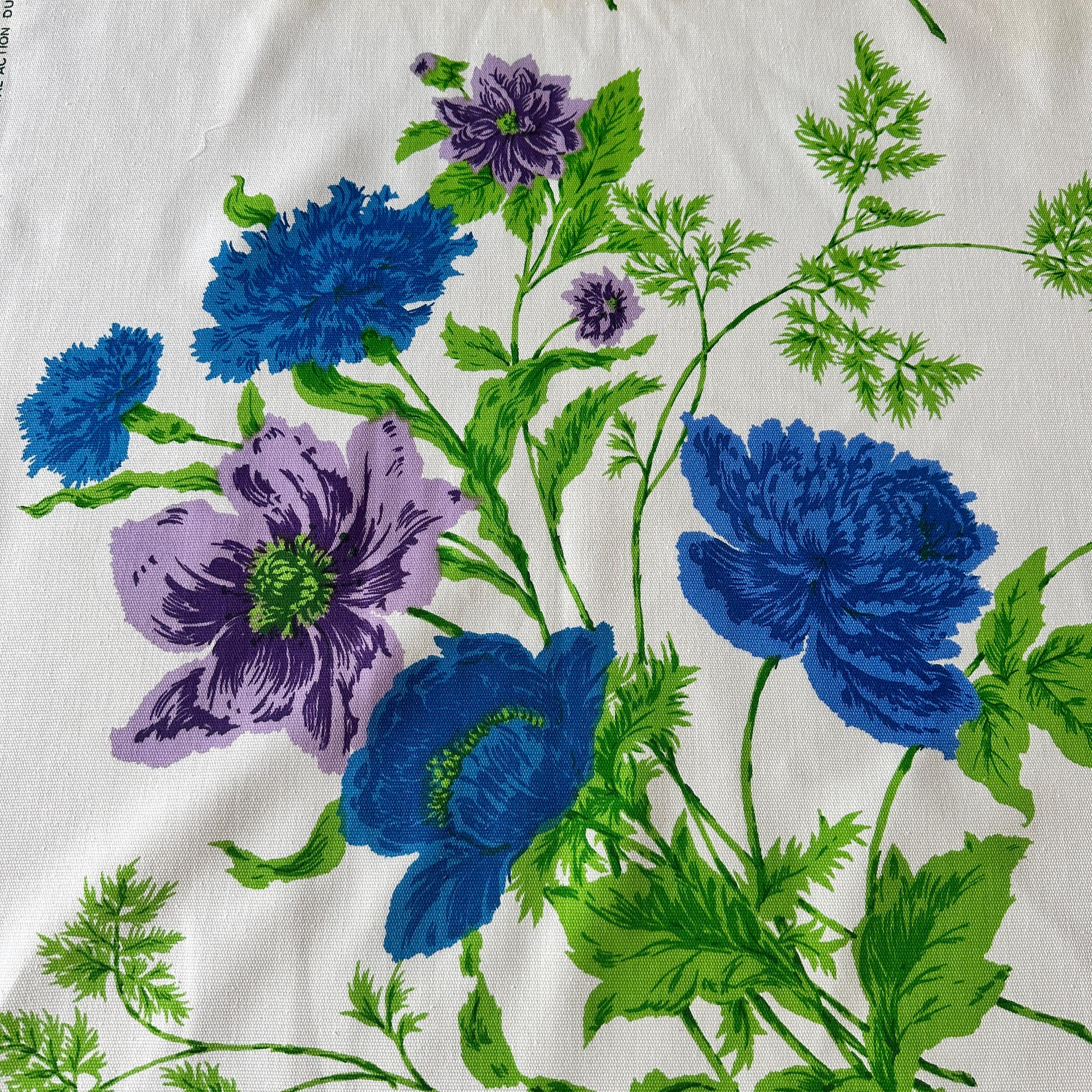 1970s Bloomcraft Floral Fabric: Blue Peony & Poppy Print Cotton BTY