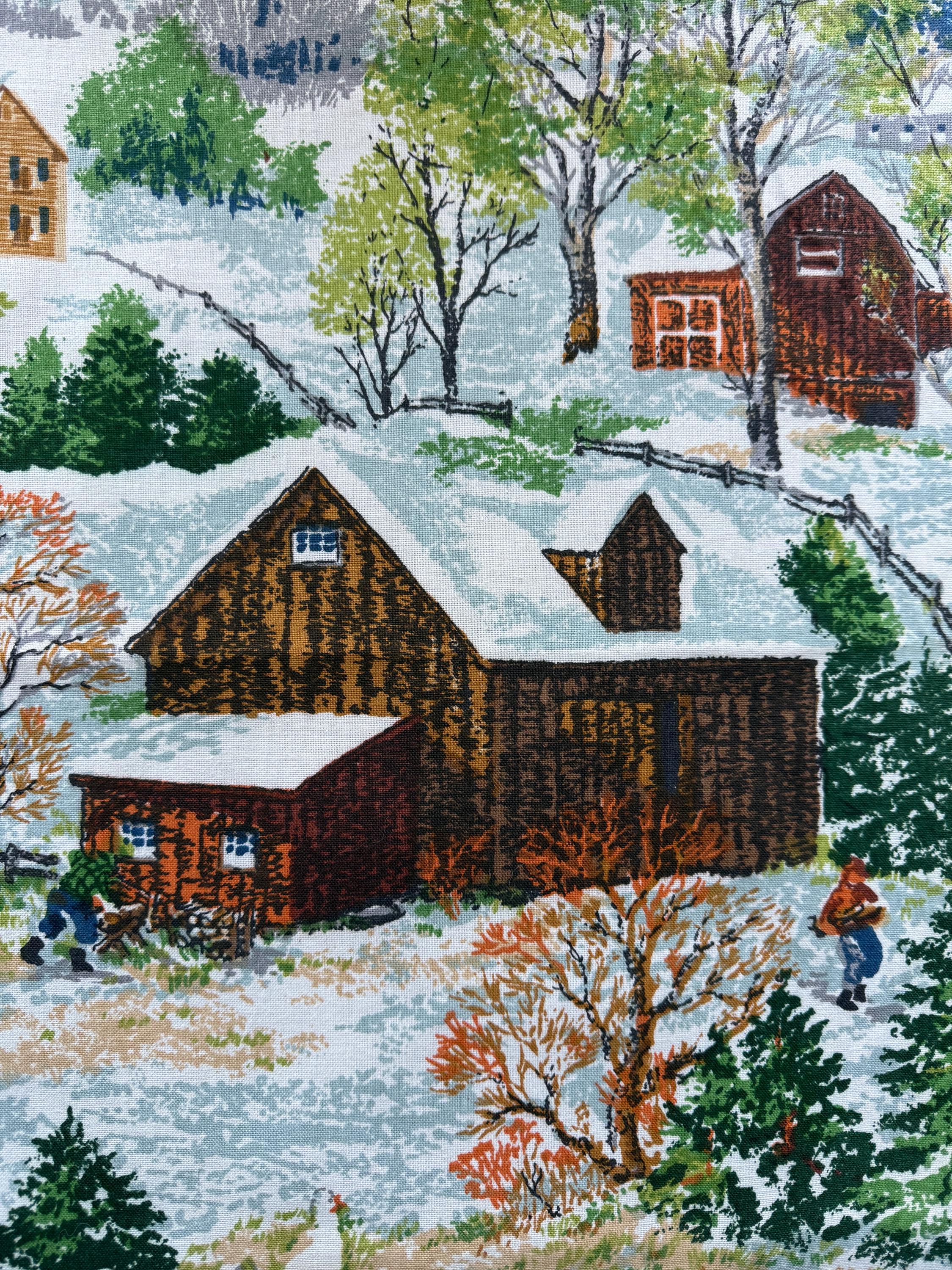 Vintage Mid-century Folk Art Winter Village Fabric Panel – Screen