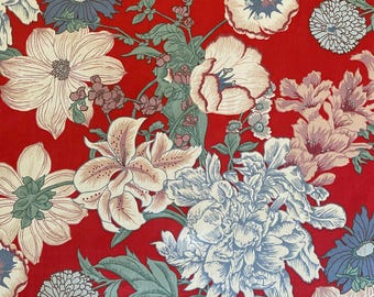Tela floral chinoiserie Cohama vintage de 1985: satén de algodón rojo y blanco