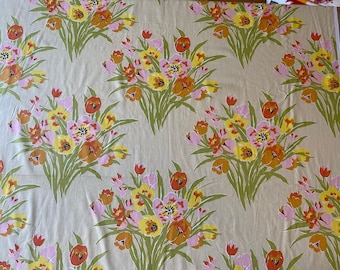 1970s Tulip Chintz Fabric: Gabrielle Cie Floral Cotton, Celadon Green