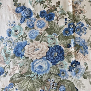 Vintage Waverly Darlington Fabric Scrap: Blue Floral Cotton, 1 Yard