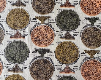Vintage 1960s Globe Fabric: Earth Tone Map Print