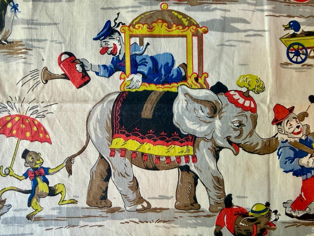 Mid-century Circus Fabric Panels – Matched Pair – Elephant Clown ...