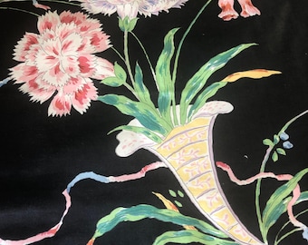 Vintage Duralee Floral Chintz Fabric Sample: Black, Red, Pink Blossoms (25x56in
