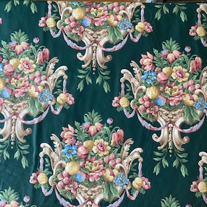 Emerald Green Floral Chintz Fabric: 1990s Di Lewis English Garden Cotton