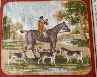 Vintage Waverly Equestrian Fabric Square: 1950s Tally Ho Linen-Cotton