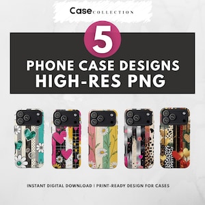 May include: Five phone case designs are shown, each with a different pattern. Designs include hearts, daisies, stripes, and animal prints. The text reads "PHONE CASE DESIGNS HIGH-RES PNG".
