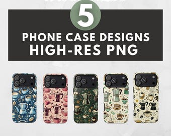 Coffee Lover Phone Case Designs Bundle – 5 High Resolution PNGs for Sublimation