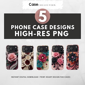 May include: Five phone case designs with floral patterns are displayed. The cases feature roses in various colors, including pink, red, and black, with intricate details. The text reads "PHONE CASE DESIGNS HIGH-RES PNG".