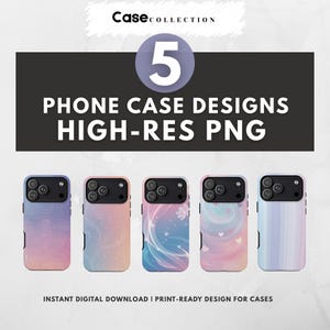 May include: An image showcasing five phone case designs with various colorful patterns. The cases feature a gradient of colors, including pink, blue, and purple, with abstract and floral designs. Text on the image reads "PHONE CASE DESIGNS HIGH-RES PNG".