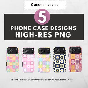 May include: Five phone case designs with floral and geometric patterns. The cases feature a variety of colours, including pink, yellow, blue, and purple. The image text reads "PHONE CASE DESIGNS HIGH-RES PNG".