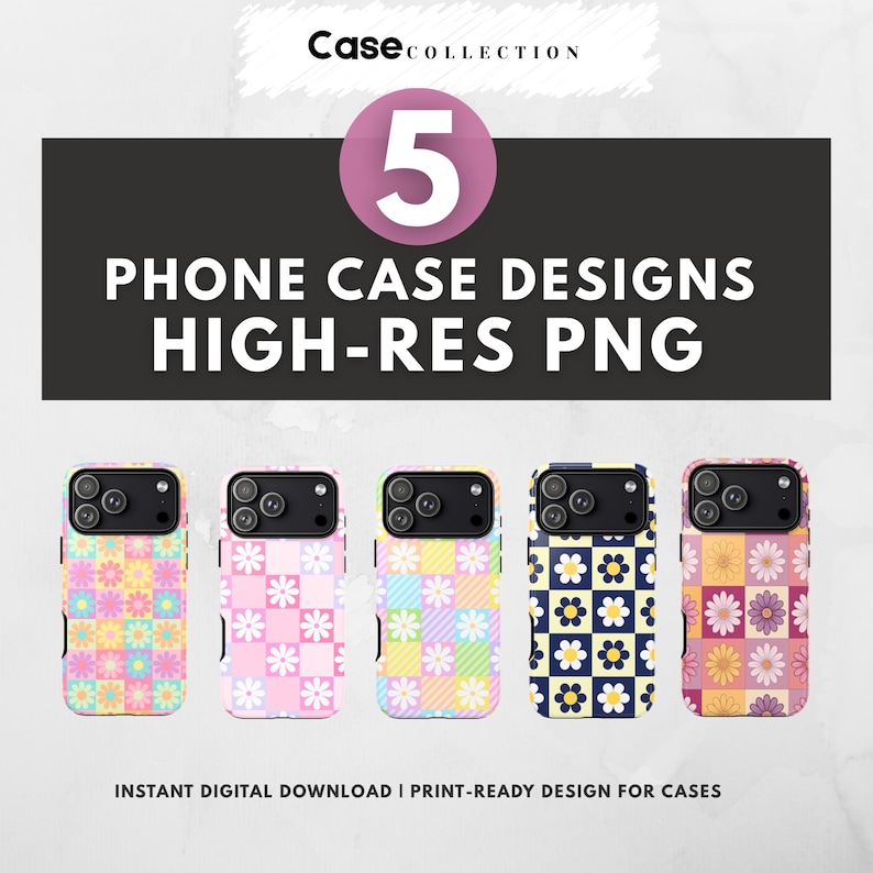 May include: Five phone case designs with floral and geometric patterns. The cases feature a variety of colours, including pink, yellow, blue, and purple. The image text reads "PHONE CASE DESIGNS HIGH-RES PNG".