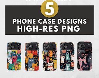 5 Cat Phone Case Sublimation Designs Bundle – High Resolution PNGs