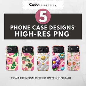 May include: Five phone case designs are displayed, each showcasing a unique floral pattern. The cases feature pink, white, and green flowers, with a variety of textures and styles. Text on the image reads "PHONE CASE DESIGNS HIGH-RES PNG".