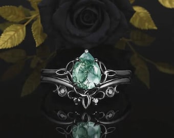 Celtic Knot Natural Moss Agate Engagement Ring 14K Black Gold Norse Viking Moon Anniversary Ring Gothic Crescent Witchy Promise Wedding Ring