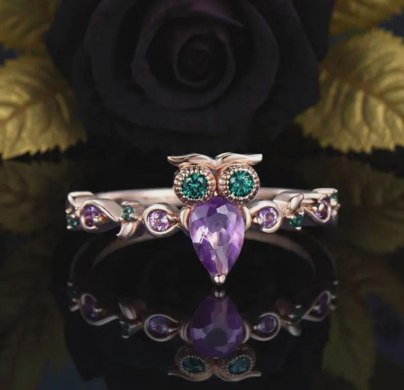 Unique Natural Amethyst Owl Engagement Ring 14k Rose Gold Round Amethyst Emerald Wedding Ring Cute A