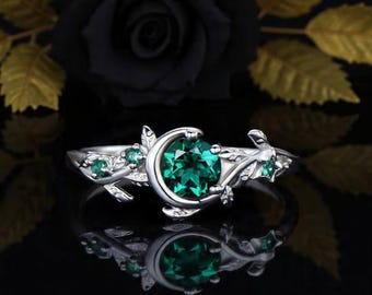 Moon Star Design Round Emerald Promise Ring 10K White Gold Nature Inspired Green Emerald Engagement Ring Branch Leaf Emerald Wedding Rings