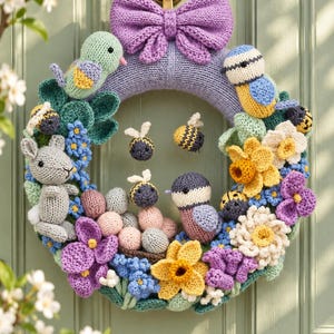 May include: A circular wreath made of knitted yarn featuring a large purple bow at the top. The wreath is decorated with a grey rabbit, various colourful flowers in yellow, blue, and purple, small birds, and several bees attached to the frame.
