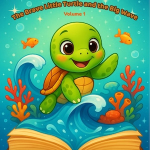Op de afbeelding: Illustratie van een kinderboekcover met een cartoon schildpad op een golf. De titel luidt "The Brave Little Turtle and the Big Wave, Volume 1". De achtergrond is blauw met sterren en oranje vissen.