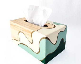 Boîte à mouchoirs en bois massif : motif peint à la main, finition résistante à l'eau