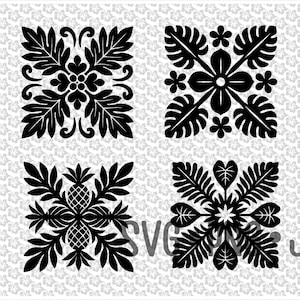 Op de afbeelding: Vier zwarte bloemen- en botanische ontwerpen in vierkante kaders. Elk ontwerp bevat bladeren, bloemen en andere natuurlijke elementen. De achtergrond is lichtgrijs met een zich herhalend bloemenpatroon. De afbeelding bevat de tekst "SVG" en "JPG".