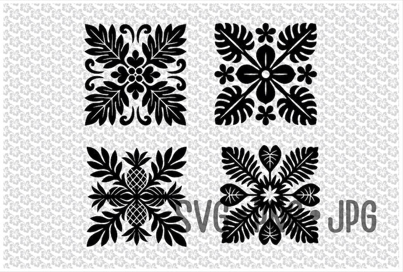 May include: Four black floral and botanical designs in square frames. Each design features leaves, flowers, and other natural elements. The background is a light gray with a repeating floral pattern. The image includes the text "SVG" and "JPG".