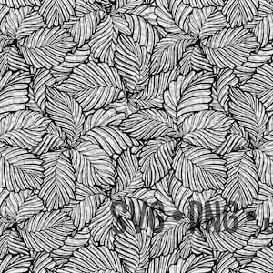 May include: Black and white leaf pattern. The image features a repeating design of stylized leaves with detailed veining. The leaves are outlined in black against a light background, creating a high-contrast, graphic effect. The overall theme is nature-inspired.