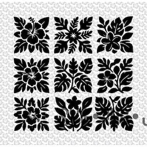 Może przedstawiać: Czarno-biały wzór kwiatowy i liściasty. Dziewięć kwadratowych wzorów przedstawia różne tropikalne kwiaty i liście, w tym hibiskusy i liście monstery. Tło ma powtarzający się wzór małych kwiatów. Typ pliku to JPG.