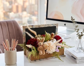 Floral Arrangement Book Box with Bunny, Cream Burgundy Dahlias, Rustic Garden Decor