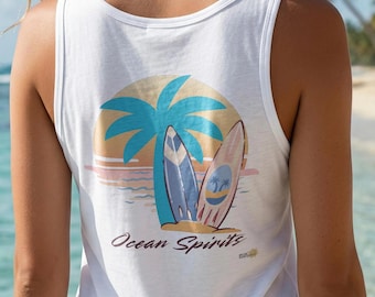 Tanktop Ocean Spirits | Zonovergoten vintage jersey tanktop voor surfplanken | Sunset palm beach oceaan lichtgewicht top | Zacht stadsshirt met hittegolf