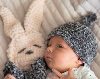 CROCHET PATTERN: Velvet Bunny Crochet Lovey + Newborn Top Knot Hat - Download in PDF Format