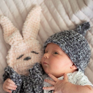CROCHET PATTERN: Velvet Bunny Crochet Lovey + Newborn Top Knot Hat - Download in PDF Format