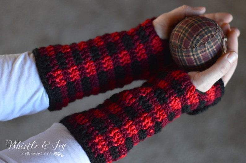 CROCHET PATTERN: Buffalo Plaid Arm Warmers Fingerless Gloves Pattern PDF Download image 3